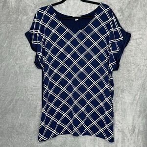 Emi & Joe 2X Top Shirt Navy Blue White Striped Cap Short Sleeve Scoop Neck Women